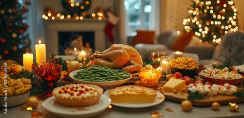 Aesthetic red-themed Christmas dinner table setting with wine glasses and nice tableware with gold accents