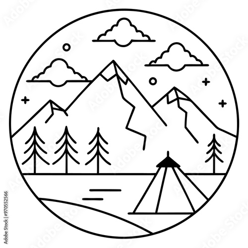 mountain camping outline coloring book page line art drawing photo