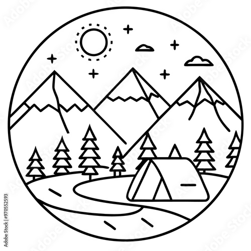 mountain camping outline coloring book page line art drawing photo