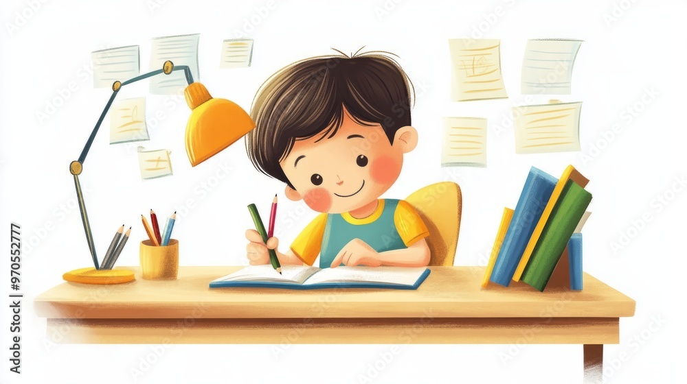 Little kid study on desk and feel happy illustration Little kid study on desk and feel happy illustration