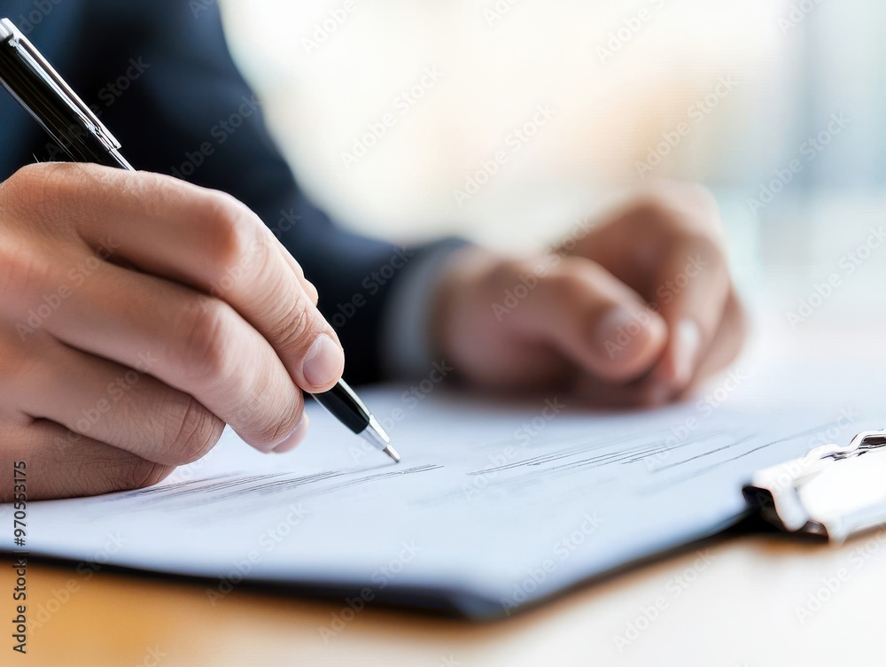 A close-up of a hand holding a pen, signing a document on a wooden desk in an office environment. Focus on professionalism. A close-up of a hand holding a pen, signing a document on a wooden desk in an office environment. Focus on professionalism.