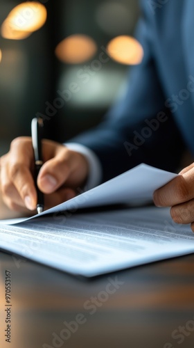 A business professional signing important documents, symbolizing commitment and diligence in a corporate environment. photo