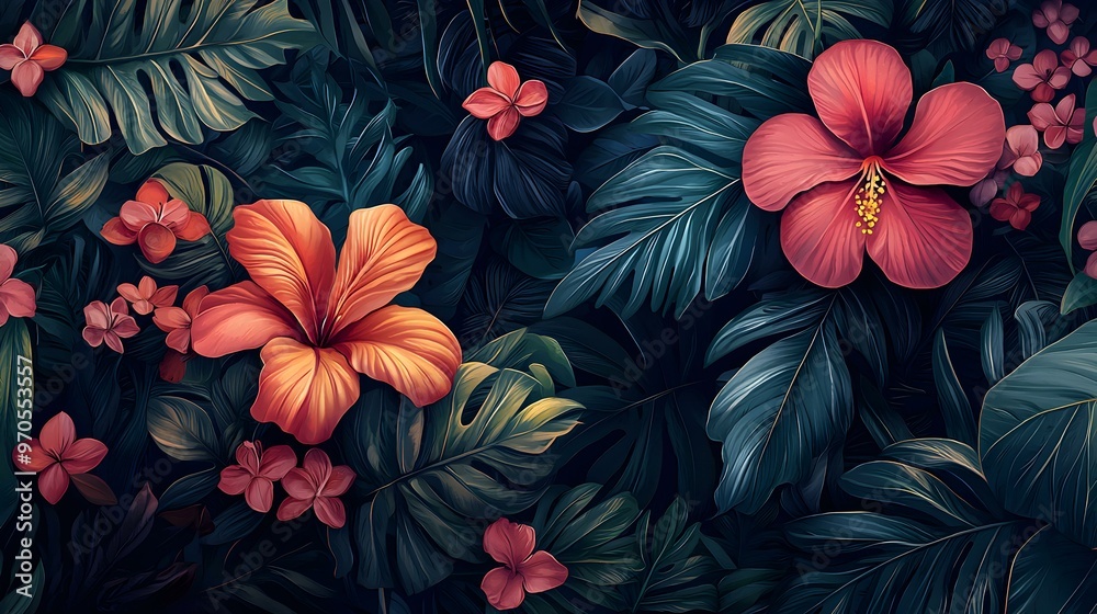 Exotic Blooming Beauty, a vibrant botanical illustration showcasing a rare flower with intricate petals and lush foliage, evoking tropical elegance. Exotic Blooming Beauty, a vibrant botanical illustration showcasing a rare flower with intricate petals and lush foliage, evoking tropical elegance.