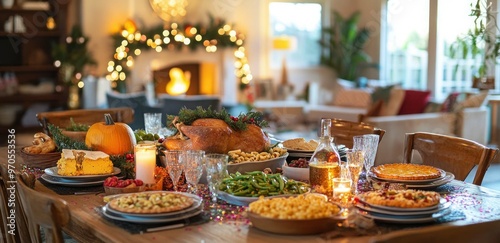 Aesthetic red-themed Christmas dinner table setting with wine glasses and nice tableware with gold accents