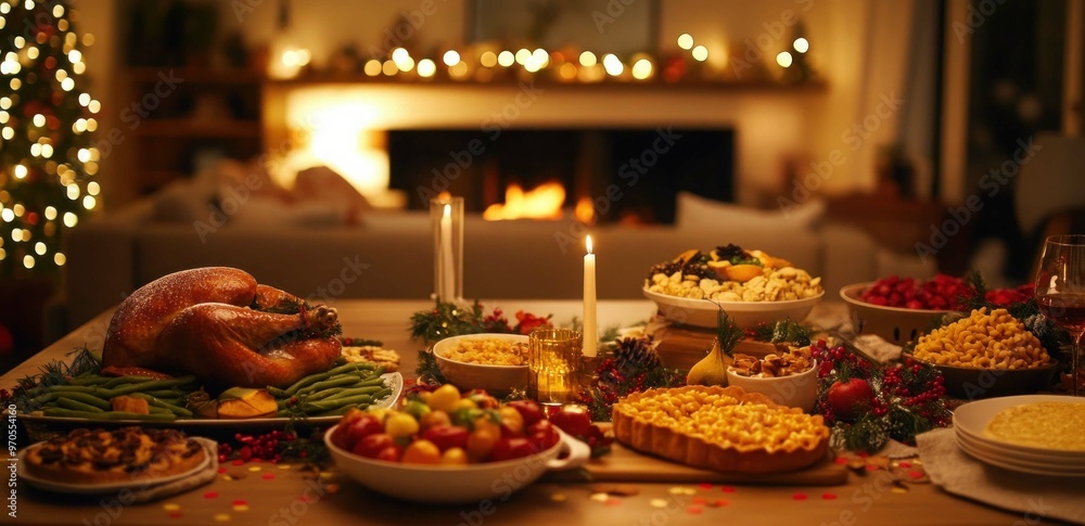 Aesthetic red-themed Christmas dinner table setting with wine glasses and nice tableware with gold accents