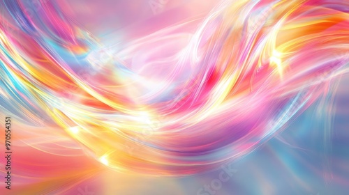 Dynamic swirling rainbow-colored light patterns, gracefully flowing on a soft pastel background for a dreamy visual effect