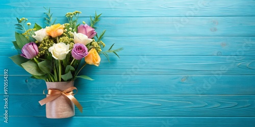 Father's Day flower arrangement with blue background and flower in corner photo