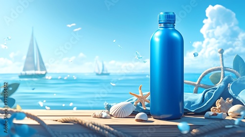 Blue Water Bottle on Wooden Dock with Seashells and Starfish  Summer Beach Scene