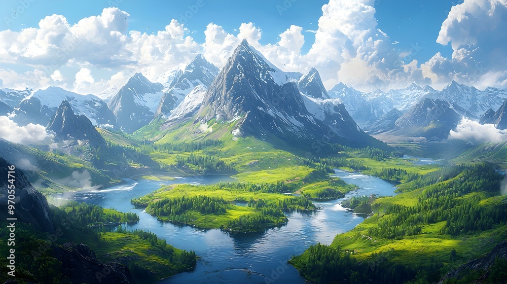 Obraz premium Majestic terrain with towering 3D mountains, serene river flowing through lush valleys, vibrant sky enhancing the breathtaking scenery.