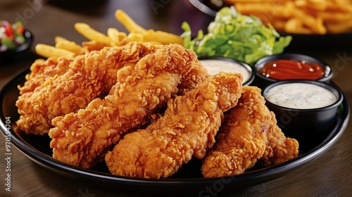 platter of fried chicken tenders, golden and crispy.