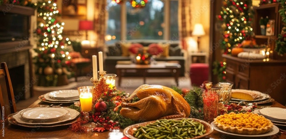 Aesthetic red-themed Christmas dinner table setting with wine glasses and nice tableware with gold accents Aesthetic red-themed Christmas dinner table setting with wine glasses and nice tableware with gold accents