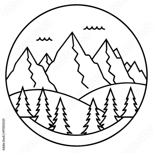 mountains forest outline coloring book page line art drawing photo