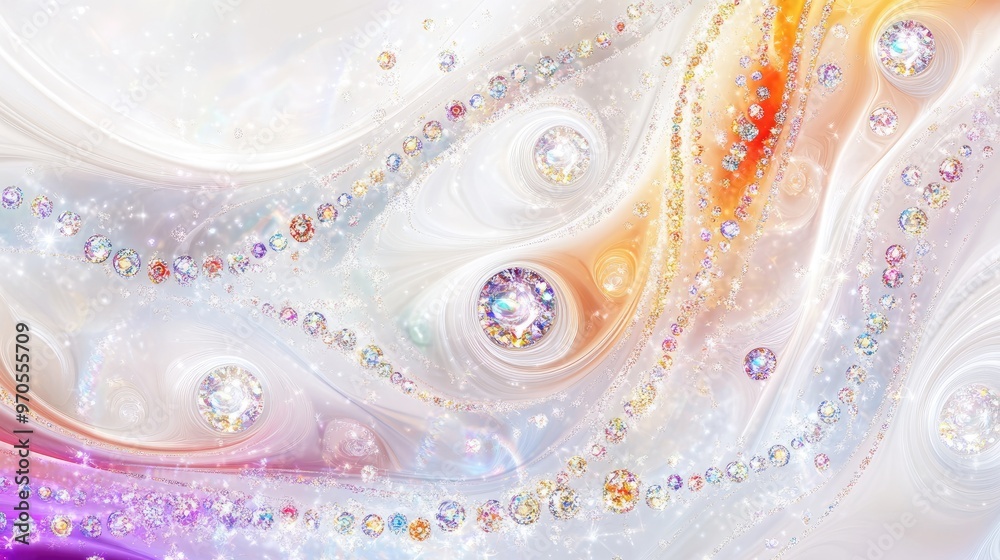Elegant swirling patterns of tiny colorful jewelry and sparkling diamonds, set against a dynamic soft pastel-white background Elegant swirling patterns of tiny colorful jewelry and sparkling diamonds, set against a dynamic soft pastel-white background