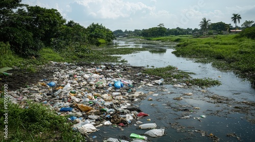 Wallpaper Mural river covered in garbage, such as plastic bags and old containers Torontodigital.ca