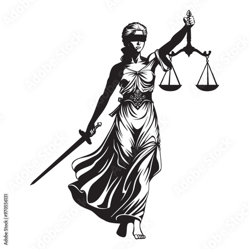 blind Justice lady clipart - Statue of Justice vector illustration in black and white