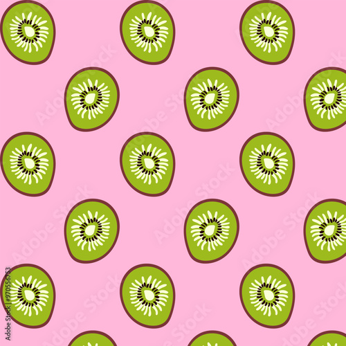 A pattern of juicy kiwi slices on a pink background