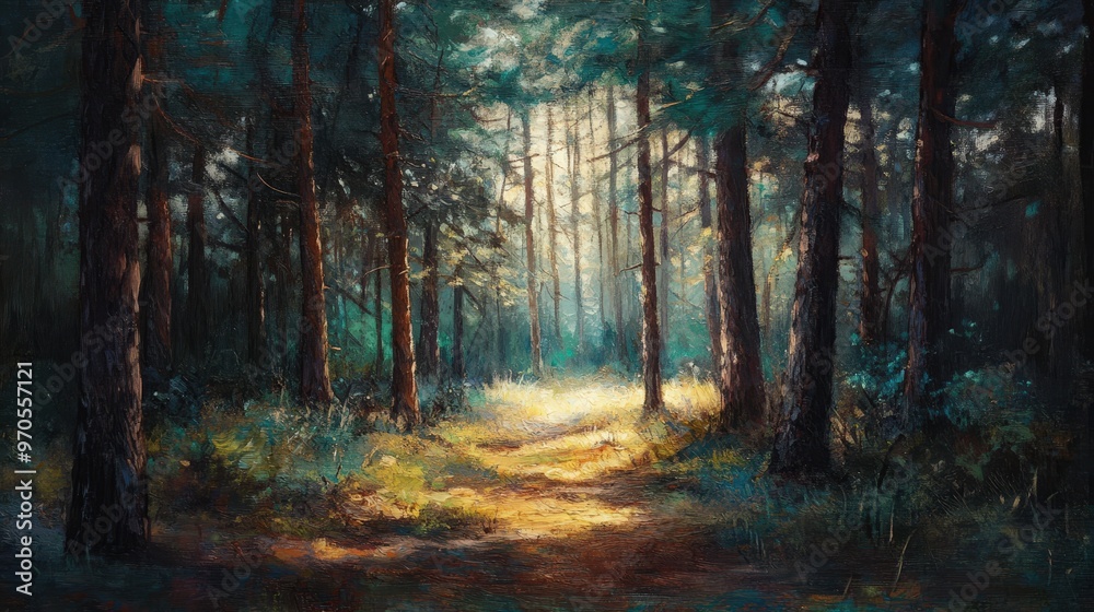 Obraz premium serene pine forest with a small clearing bathed in soft sunlight.