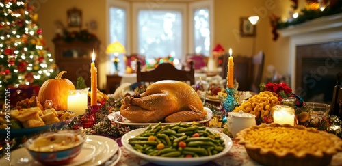 Aesthetic red-themed Christmas dinner table setting with wine glasses and nice tableware with gold accents