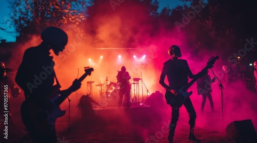 Silhouetted Band Performing in a Foggy, Pink and Orange Lit Stage