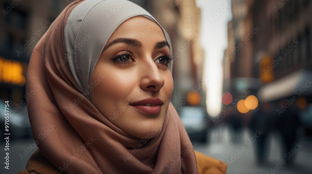 Happy beautiful woman wearing hijab on the city street Happy beautiful woman wearing hijab on the city street