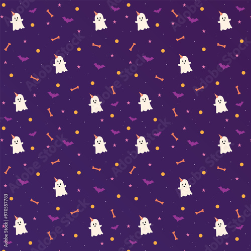 Halloween seamless pattern. Endless background with ghosts and bats