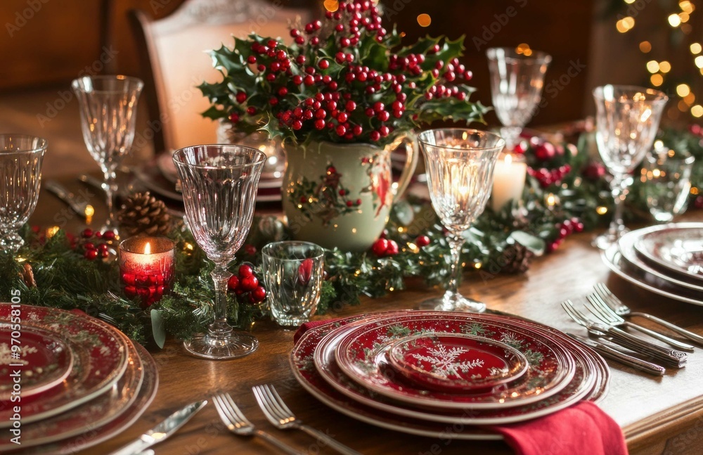 Aesthetic red-themed Christmas dinner table setting with wine glasses and nice tableware with gold accents Aesthetic red-themed Christmas dinner table setting with wine glasses and nice tableware with gold accents