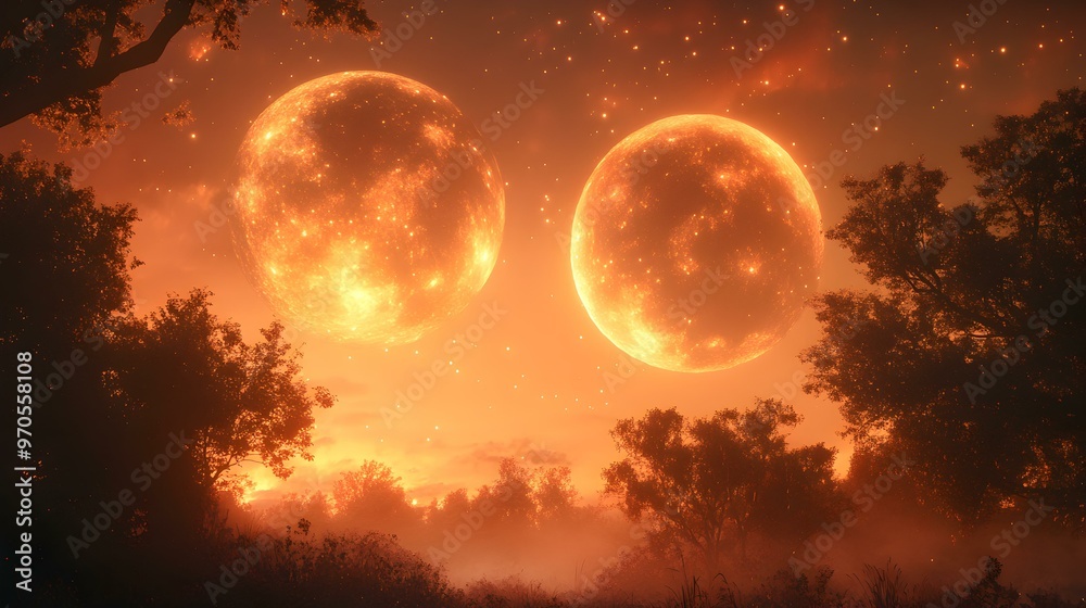 Surreal Moons, ethereal orbs illuminate the night sky, casting a mystical glow over a tranquil landscape, inviting wonder and contemplation. Surreal Moons, ethereal orbs illuminate the night sky, casting a mystical glow over a tranquil landscape, inviting wonder and contemplation.