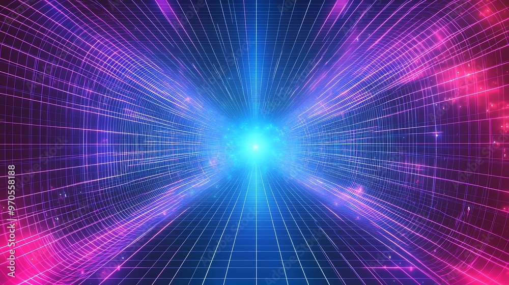 Abstract 3D Tunnel with Glowing Lines and Grid Pattern Abstract 3D Tunnel with Glowing Lines and Grid Pattern