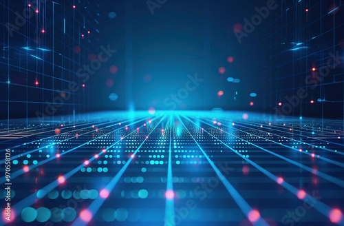 Wide-Angle View of Blue Technological Background with Glowing Lights and Grid Lines. High-Resolution Dark Blue Vector Illustration Featuring Futuristic Design Elements and Digital Connectivity Concept
