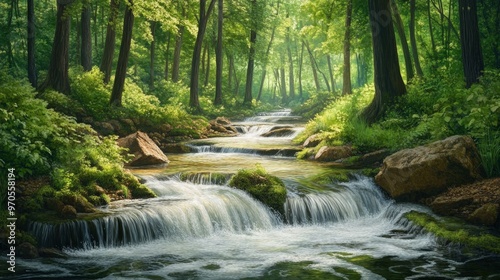 tranquil forest with a gently winding river running through it