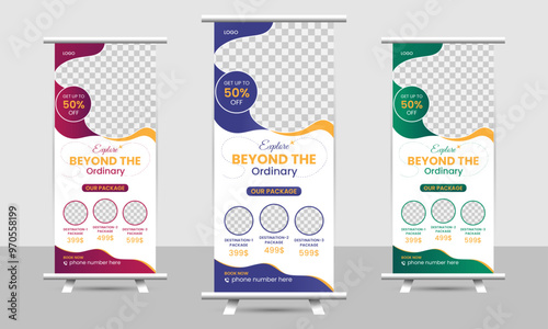 Travel roll up banner template design, vacation, holiday, tour roll up banner template design