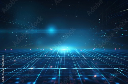 Wide-Angle View of Blue Technological Background with Glowing Lights and Grid Lines. High-Resolution Dark Blue Vector Illustration Featuring Futuristic Design Elements and Digital Connectivity Concept