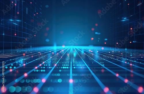 Wide-Angle View of Blue Technological Background with Glowing Lights and Grid Lines. High-Resolution Dark Blue Vector Illustration Featuring Futuristic Design Elements and Digital Connectivity Concept