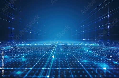 Wide-Angle View of Blue Technological Background with Glowing Lights and Grid Lines. High-Resolution Dark Blue Vector Illustration Featuring Futuristic Design Elements and Digital Connectivity Concept