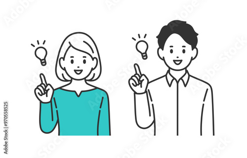 ひらめきのポーズをする若い男女のセット【人物ベクターイラスト素材】