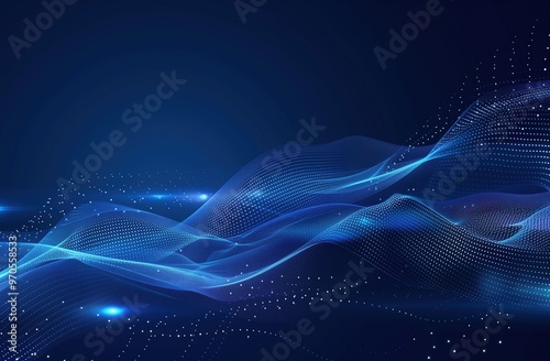 Wide-Angle View of Blue Technological Background with Glowing Lights and Grid Lines. High-Resolution Dark Blue Vector Illustration Featuring Futuristic Design Elements and Digital Connectivity Concept