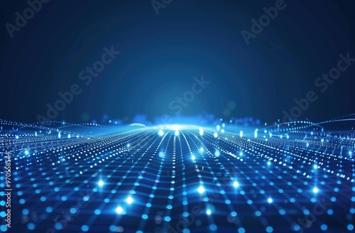 Wide-Angle View of Blue Technological Background with Glowing Lights and Grid Lines. High-Resolution Dark Blue Vector Illustration Featuring Futuristic Design Elements and Digital Connectivity Concept