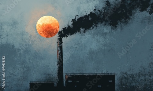 Digital illustration of industrial smoke billowing from a chimney, with the sky darkened by pollution. The composition highlights the environmental impact of industrial activities.