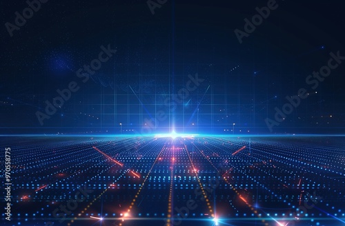 Wide-Angle View of Blue Technological Background with Glowing Lights and Grid Lines. High-Resolution Dark Blue Vector Illustration Featuring Futuristic Design Elements and Digital Connectivity Concept