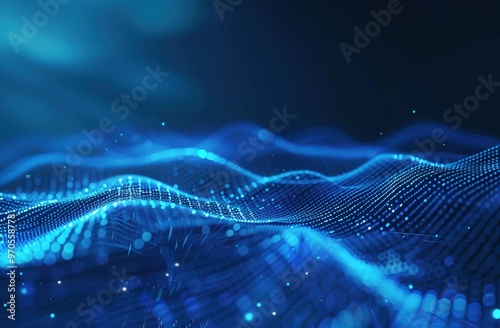 Wide-Angle View of Blue Technological Background with Glowing Lights and Grid Lines. High-Resolution Dark Blue Vector Illustration Featuring Futuristic Design Elements and Digital Connectivity Concept