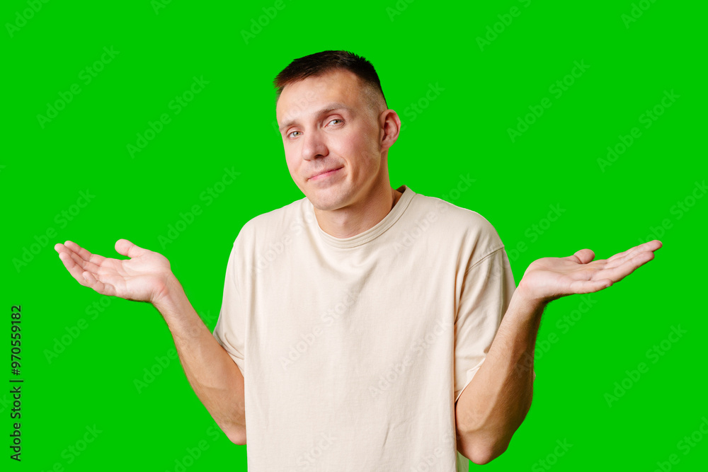 Young Man With Neutral Expression Shrugging His Shoulders Against Bright Green Background Young Man With Neutral Expression Shrugging His Shoulders Against Bright Green Background