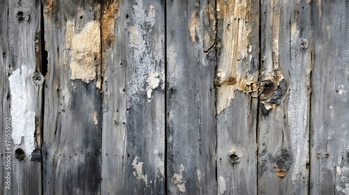 Weathered Gray Wood Planks with Knots and Peeling Paint photo