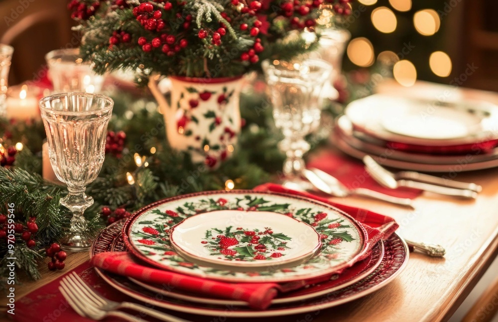 Aesthetic red-themed Christmas dinner table setting with wine glasses and nice tableware with gold accents Aesthetic red-themed Christmas dinner table setting with wine glasses and nice tableware with gold accents