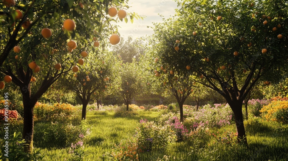 Naklejka premium well-tended fruit garden featuring an assortment of stone fruits.