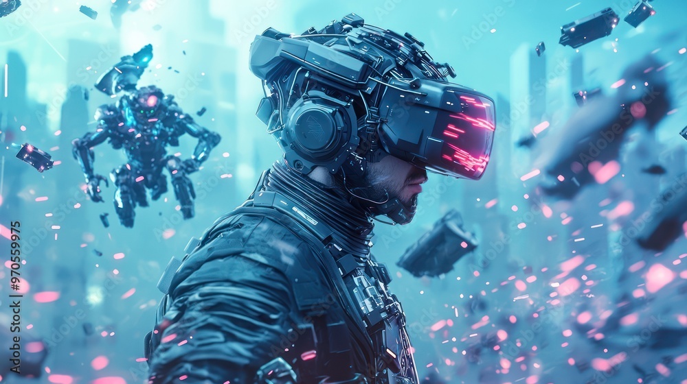 Futuristic Gamer Battle in Virtual Reality Suit - Immersive Gaming Experience in Cartoon-style 3D World with High Luminosity, Generative AI Futuristic Gamer Battle in Virtual Reality Suit - Immersive Gaming Experience in Cartoon-style 3D World with High Luminosity, Generative AI