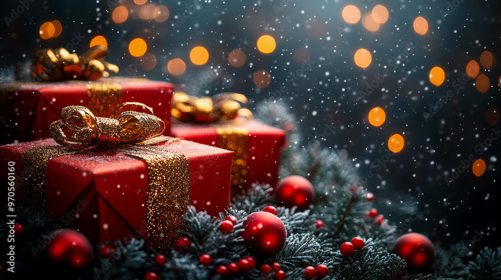 Several red gift boxes with golden ribbons surrounded by snow, Christmas decor, and bokeh lights Several red gift boxes with golden ribbons surrounded by snow, Christmas decor, and bokeh lights