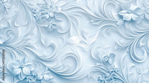 Swirling lines of intricate floral patterns, gracefully flowing across a soft white-light blue background, perfect for a dreamy design