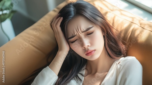 Portrait of Asian woman is holding their hand from headache lying on sofa, Young beautiful Asian woman on sofa having headache, migraine, stress, sick