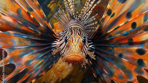 A striking shot of a lionfish with its venomous spines extended, showcasing the intricate patterns and vivid colors of its body.