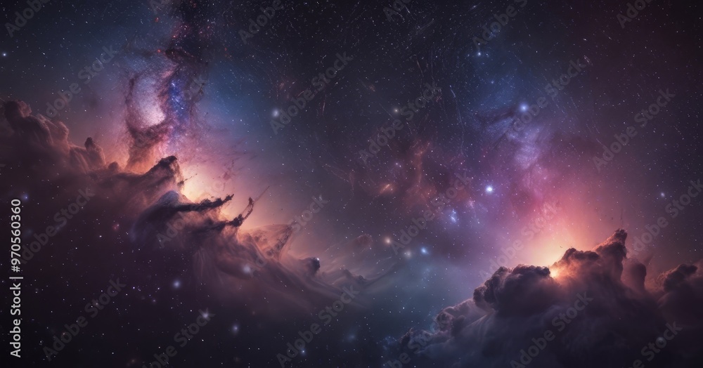 a vibrant cosmic scene, featuring a nebula with swirling clouds of gas and dust illuminated by a bright, fiery glow. The nebula is set against a backdrop of a starry night a vibrant cosmic scene, featuring a nebula with swirling clouds of gas and dust illuminated by a bright, fiery glow. The nebula is set against a backdrop of a starry night